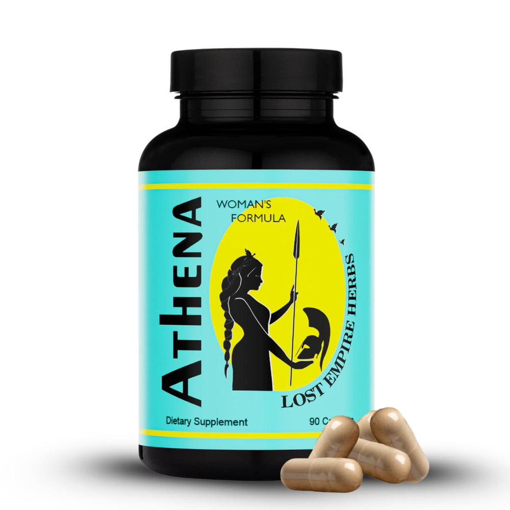 Lost Empire Athena bottle showing the herbal formula for daily vitality and balance.