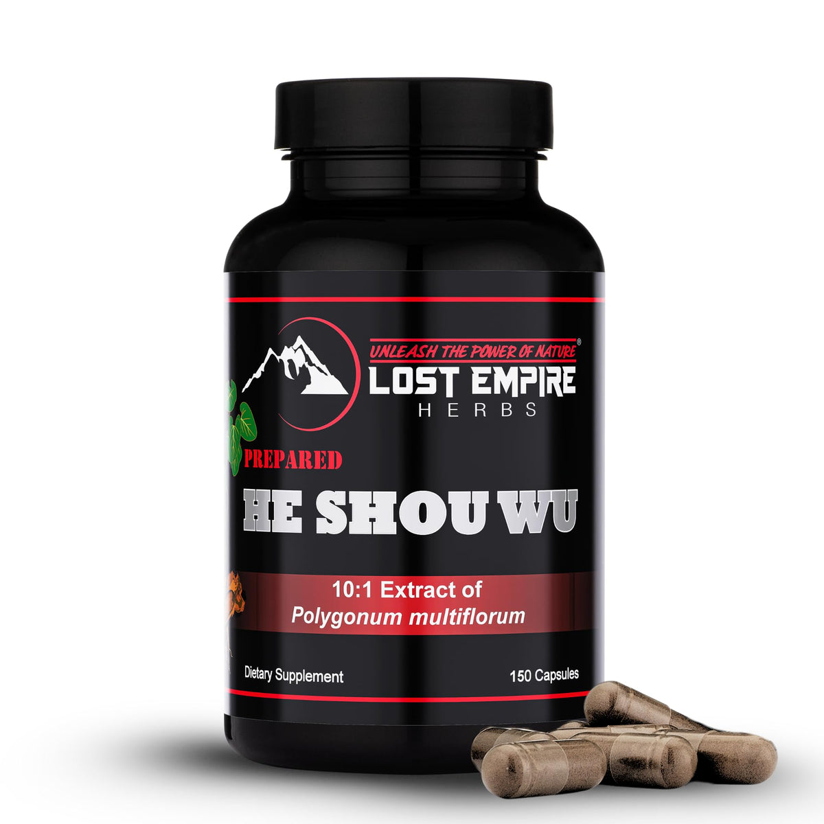 Lost Empire Herbs He Shou Wu capsules bottle front for daily wellness use.