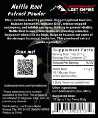 Lost Empire Herbs nettle root powder bag highlighting concentrated extract.