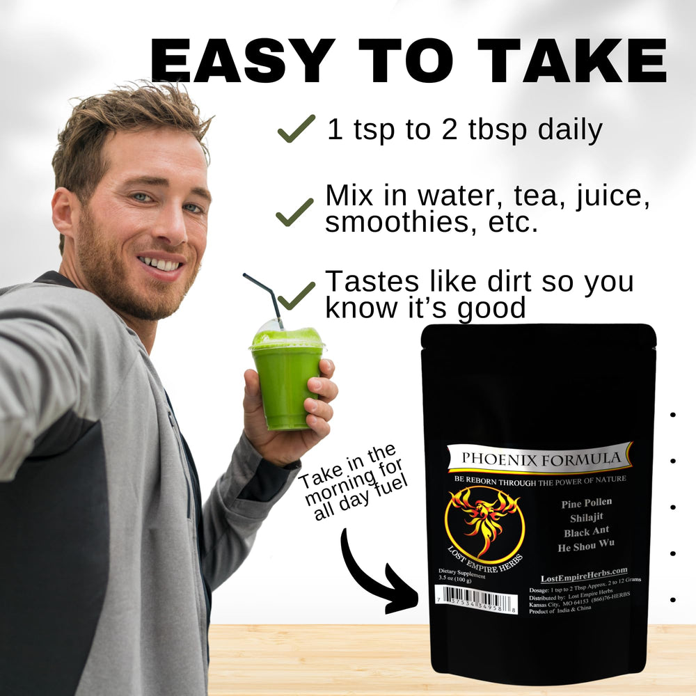 Phoenix Rejuvenation Formula label close-up highlights four-herb blend and vitality focus.