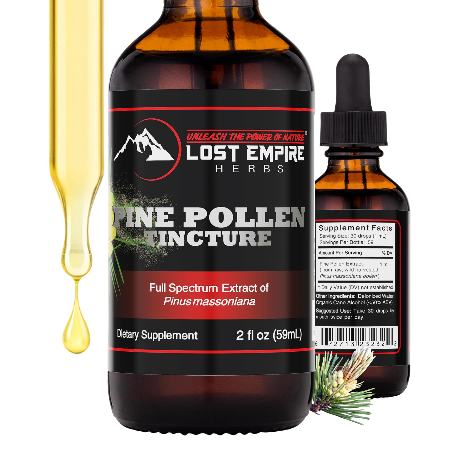Lost Empire Herbs Pine Pollen Tincture bottle labeled for daily vitality support.