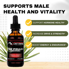 Lost Empire Herbs Pine Pollen Tincture drops poured for easy dosing.