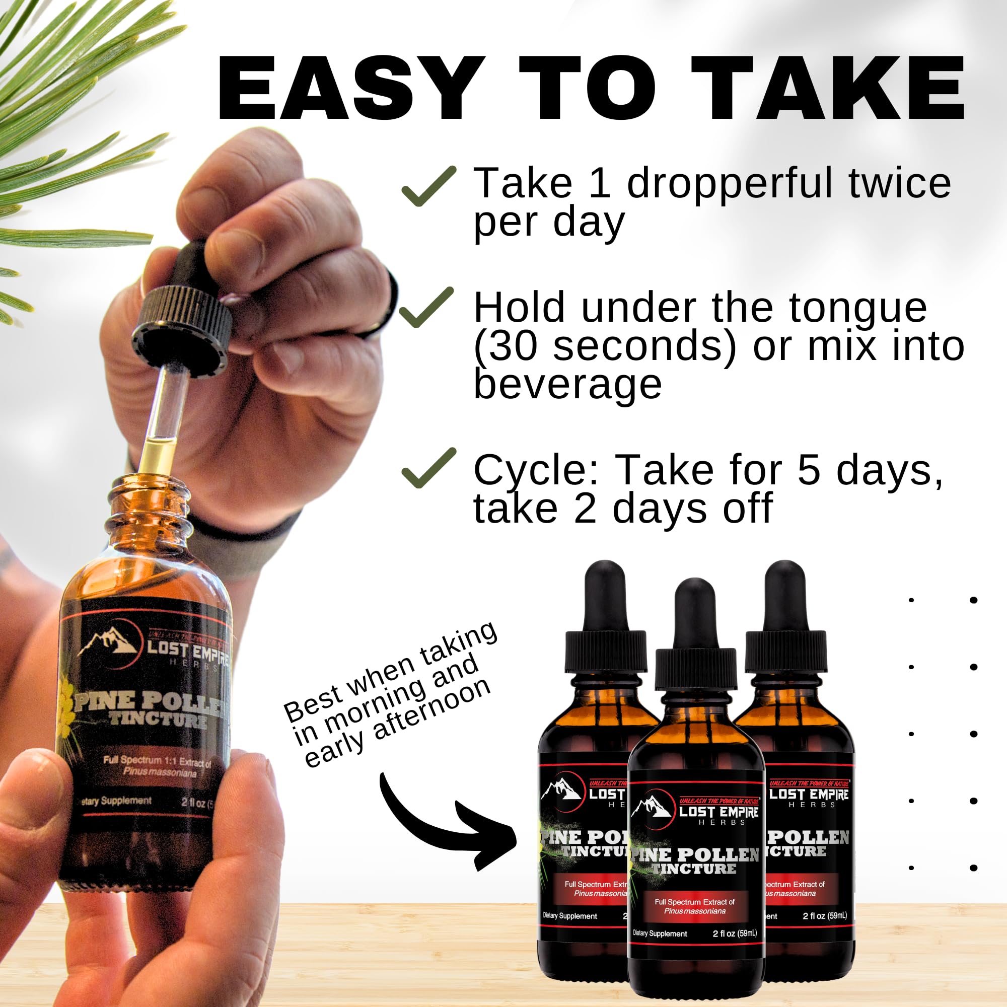 Lost Empire Herbs Pine Pollen Tincture ingredients list highlighting pure formula.