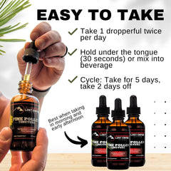Lost Empire Herbs Pine Pollen Tincture ingredients list highlighting pure formula.