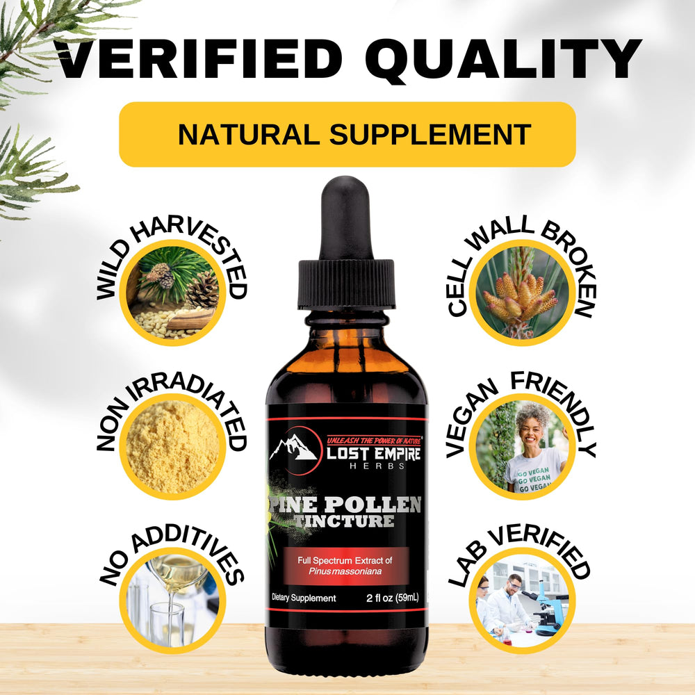 Lost Empire Herbs Pine Pollen Tincture under-tongue dropper for faster absorption.