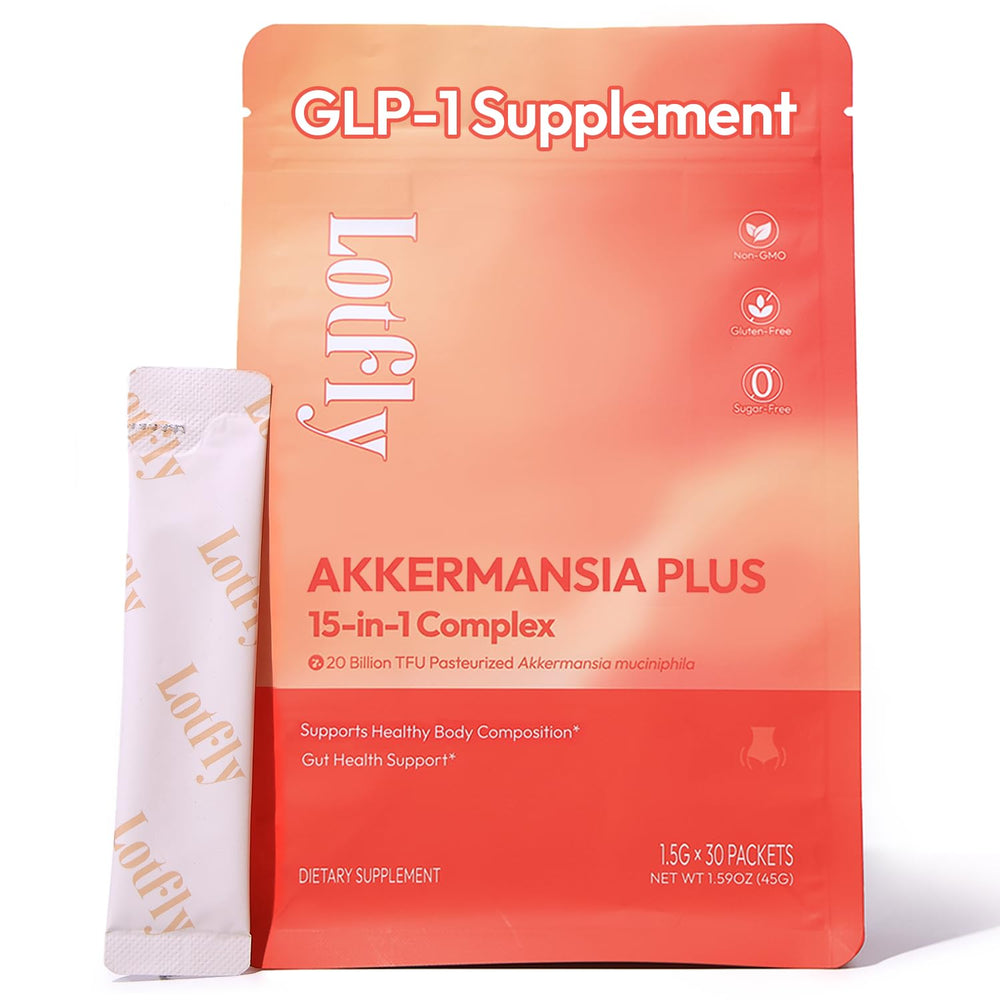 LOTFLY GLP-1 boost bottle label highlights a probiotic blend for gut health