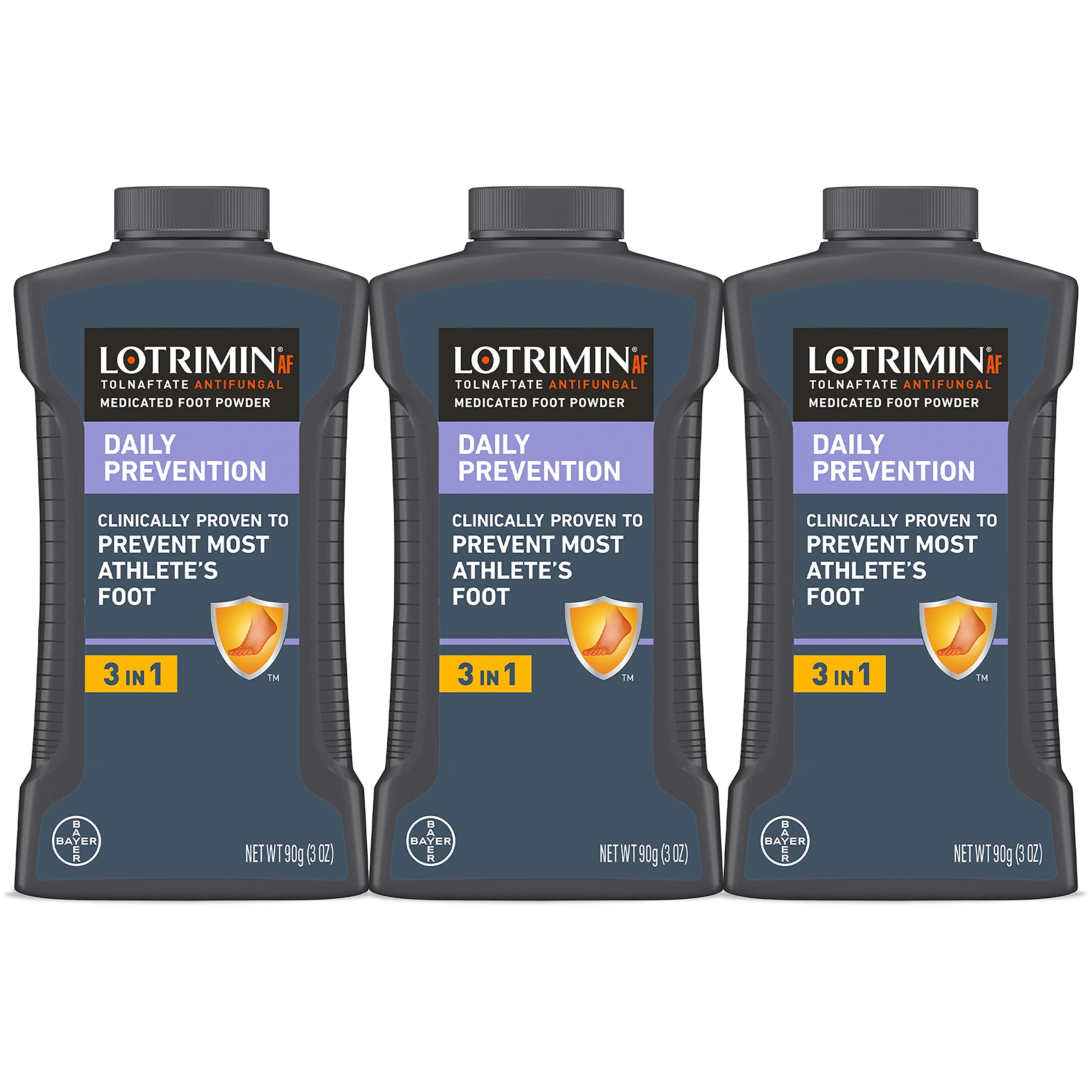 Lotrimin AF Daily Prevention powder bottle promoting dry feet and odor control
