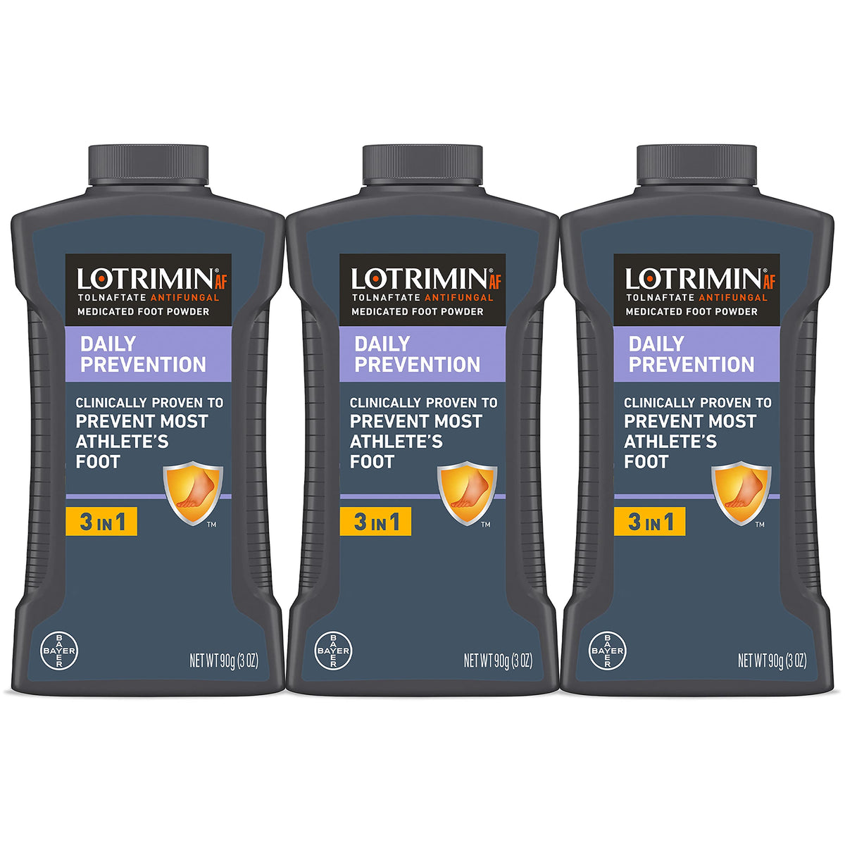 Lotrimin AF Daily Prevention powder bottle promoting dry feet and odor control