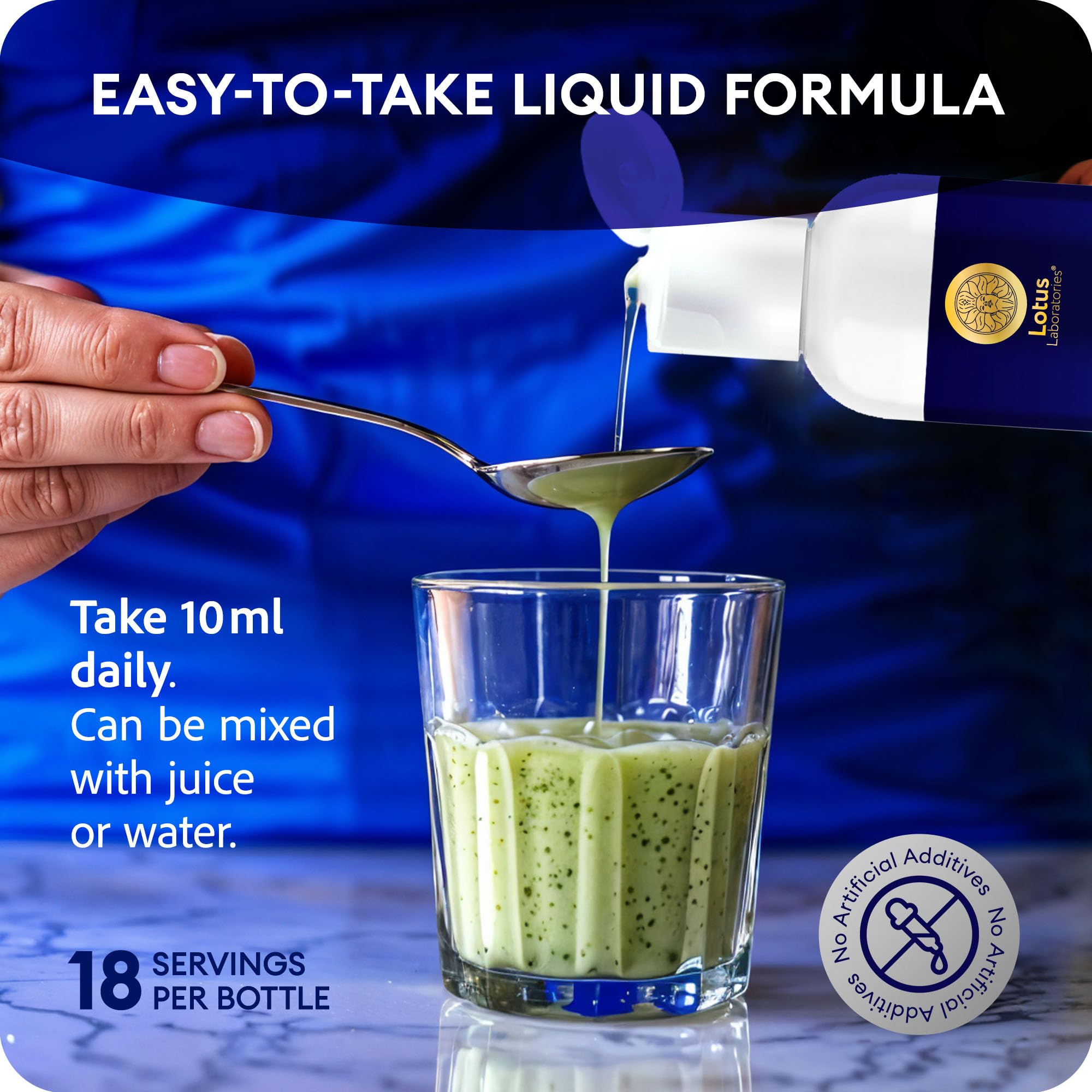 Lotus Laboratories bottle with glass dispense shows easy 10 ml serving.