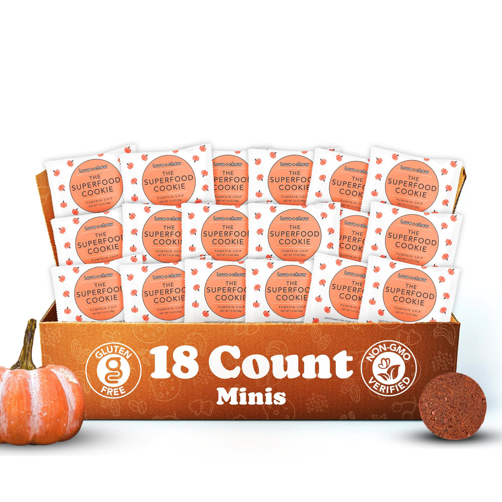 Love + Chew Pumpkin Chip mini cookies pack, convenient 18-pack protein snack.