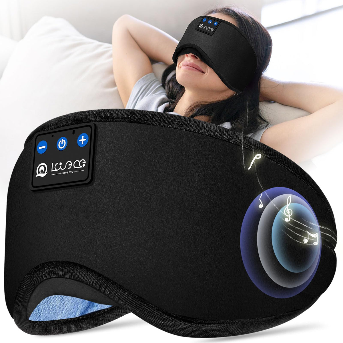 LOVE EYE sleep headphones with cotton mask close-up for soft comfort and darkness
