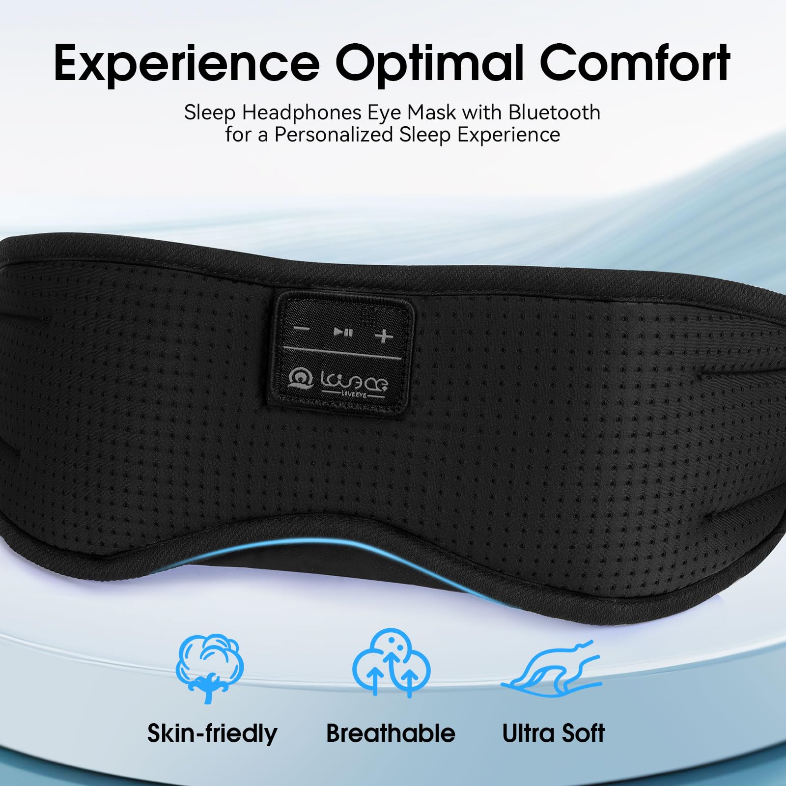 LOVE EYE sleep mask showing HD speakers for immersive sleep audio