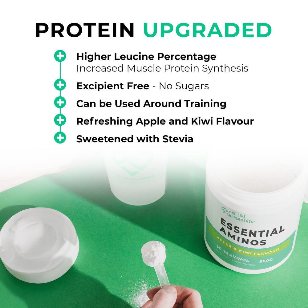 Love Life Supplements EAA Apple Kiwi flavor in a glass shake