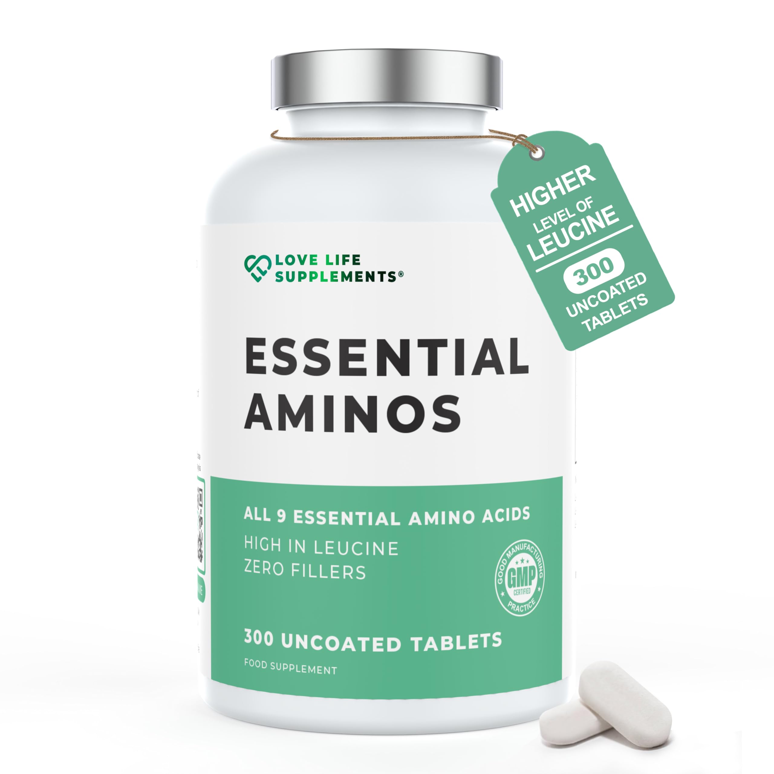 Love Life Supplements essential amino acids bottle front, complete plant-based EAA blend for daily support.