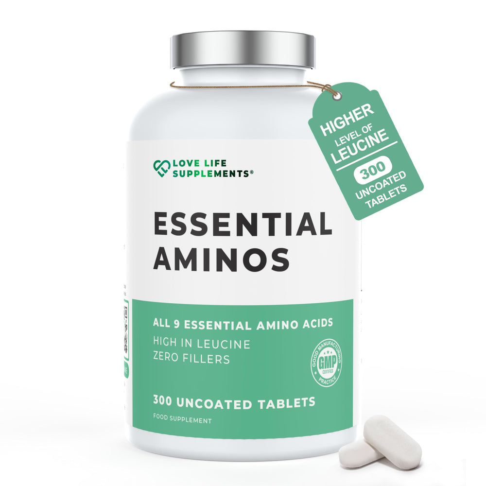 Love Life Supplements essential amino acids bottle front, complete plant-based EAA blend for daily support.