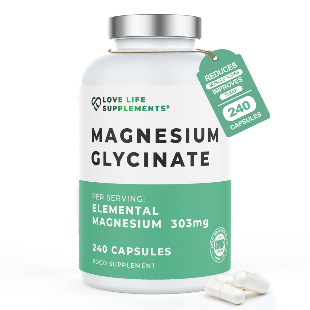 Love Life Supplements magnesium bisglycinate bottle shows high bioavailability for daily support.