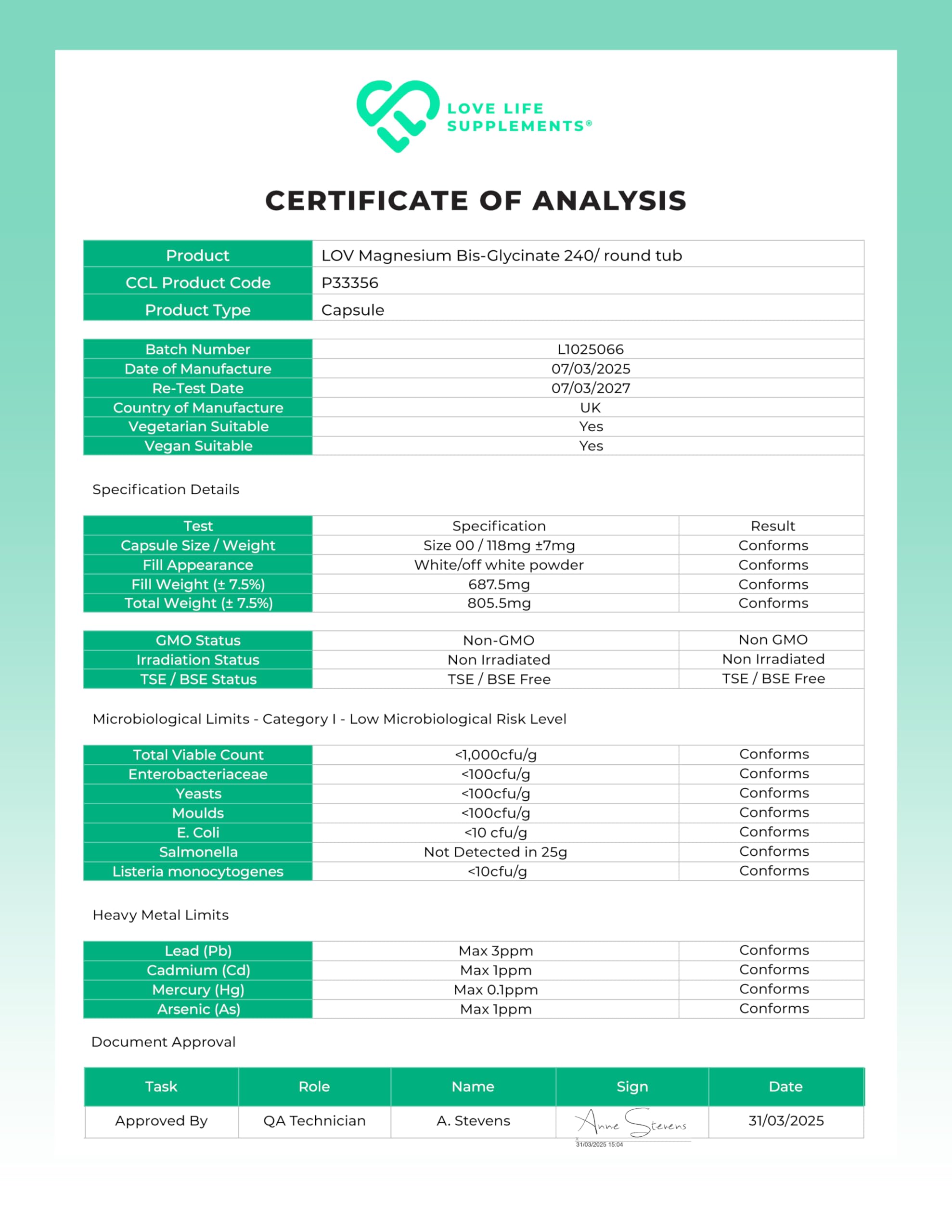 Love Life Supplements magnesium bisglycinate gmp-certified image signals trusted UK manufacturing.