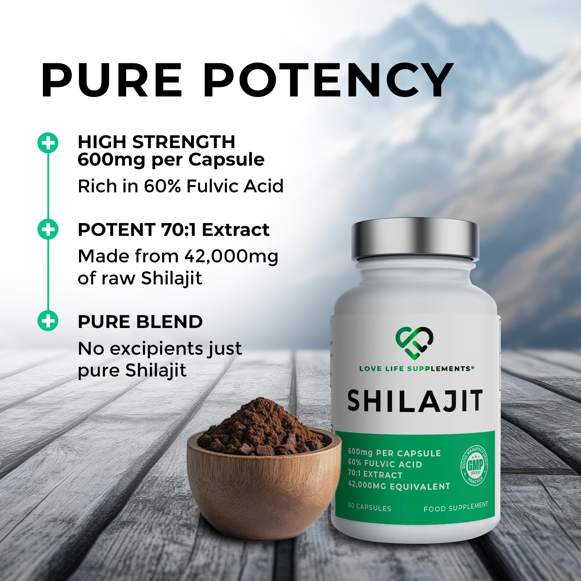 Love Life Shilajit capsules on amber bottle shelf.