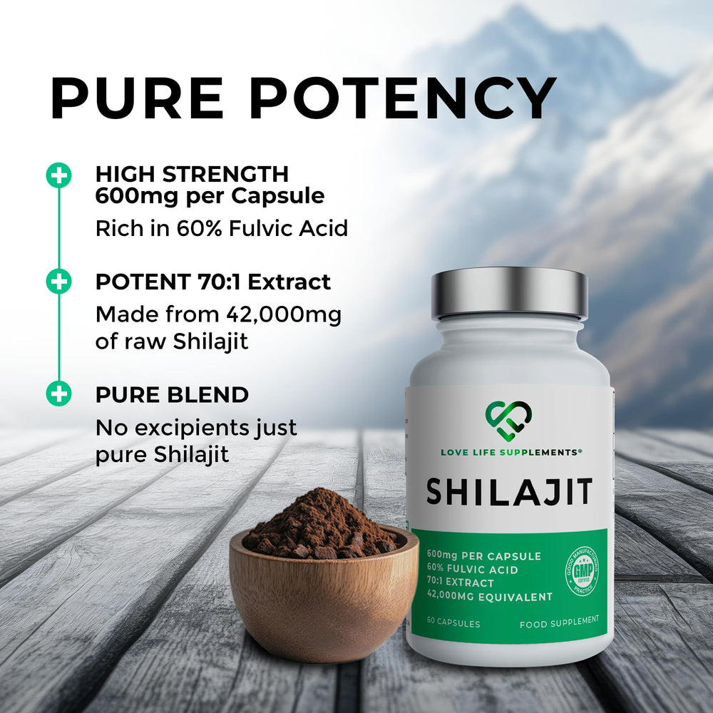 Love Life Shilajit capsules on amber bottle shelf.