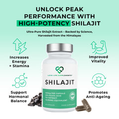 Love Life Shilajit capsules close-up label shows pure, filler-free formula.