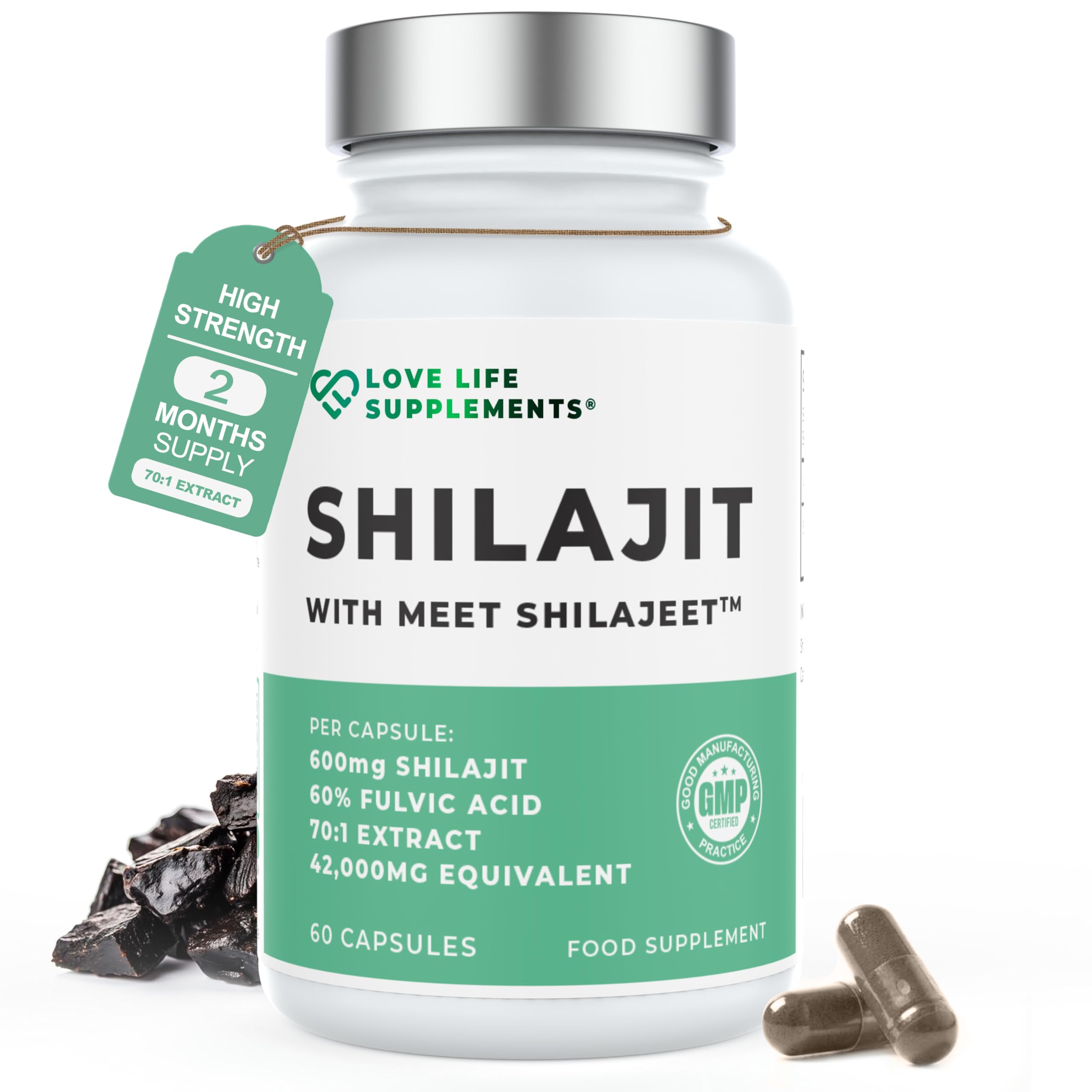 Love Life Shilajit capsules pack shot for daily stamina support.