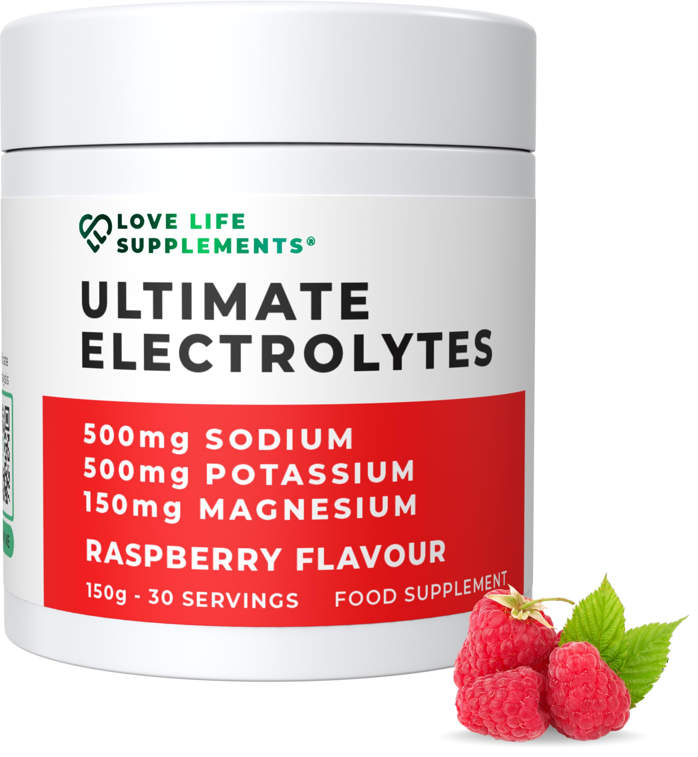Love Life Supplements Ultimate Electrolytes Raspberry powder tub for refreshing hydration.