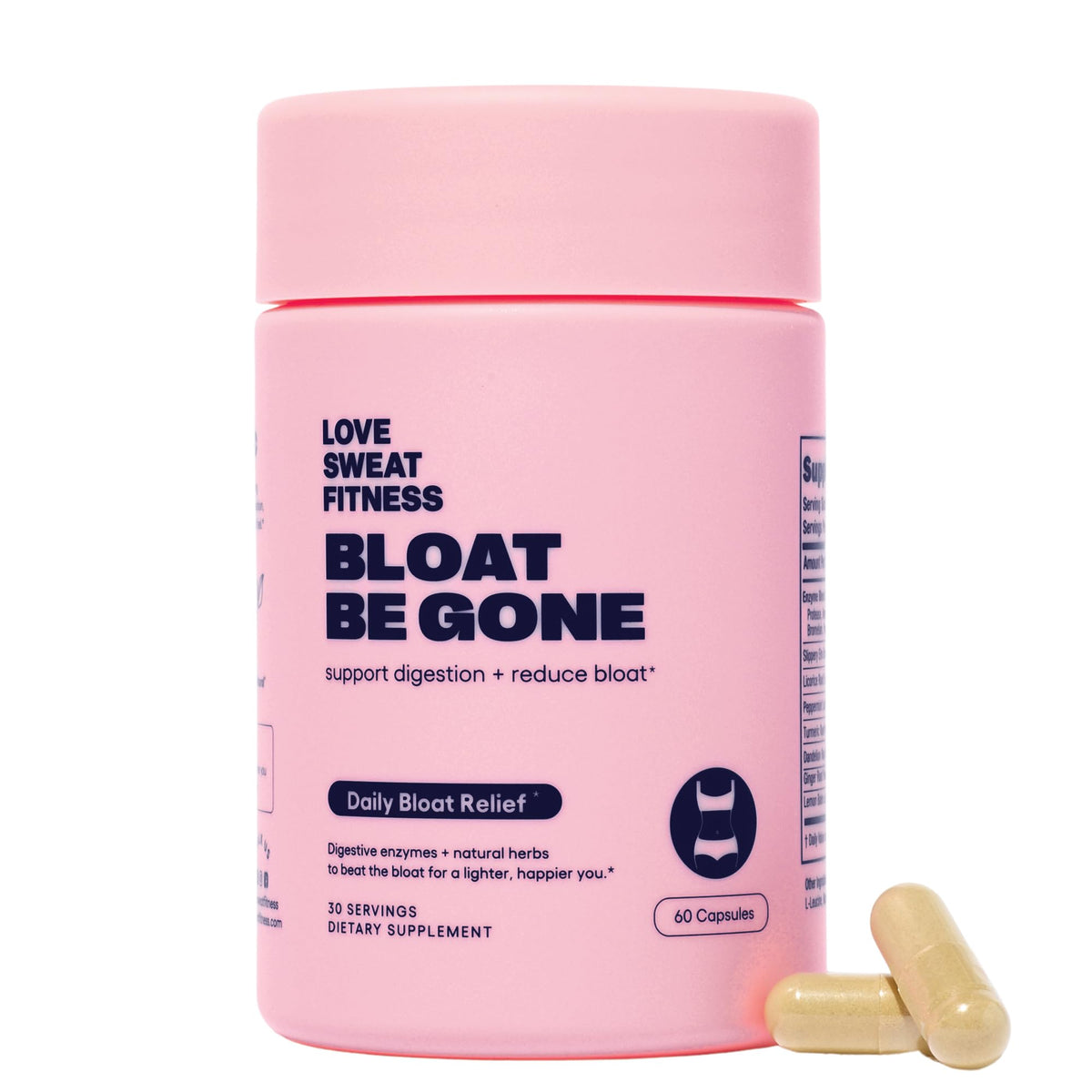 Love Sweat Fitness Bloat Be Gone bottle pour showing on-the-go relief option