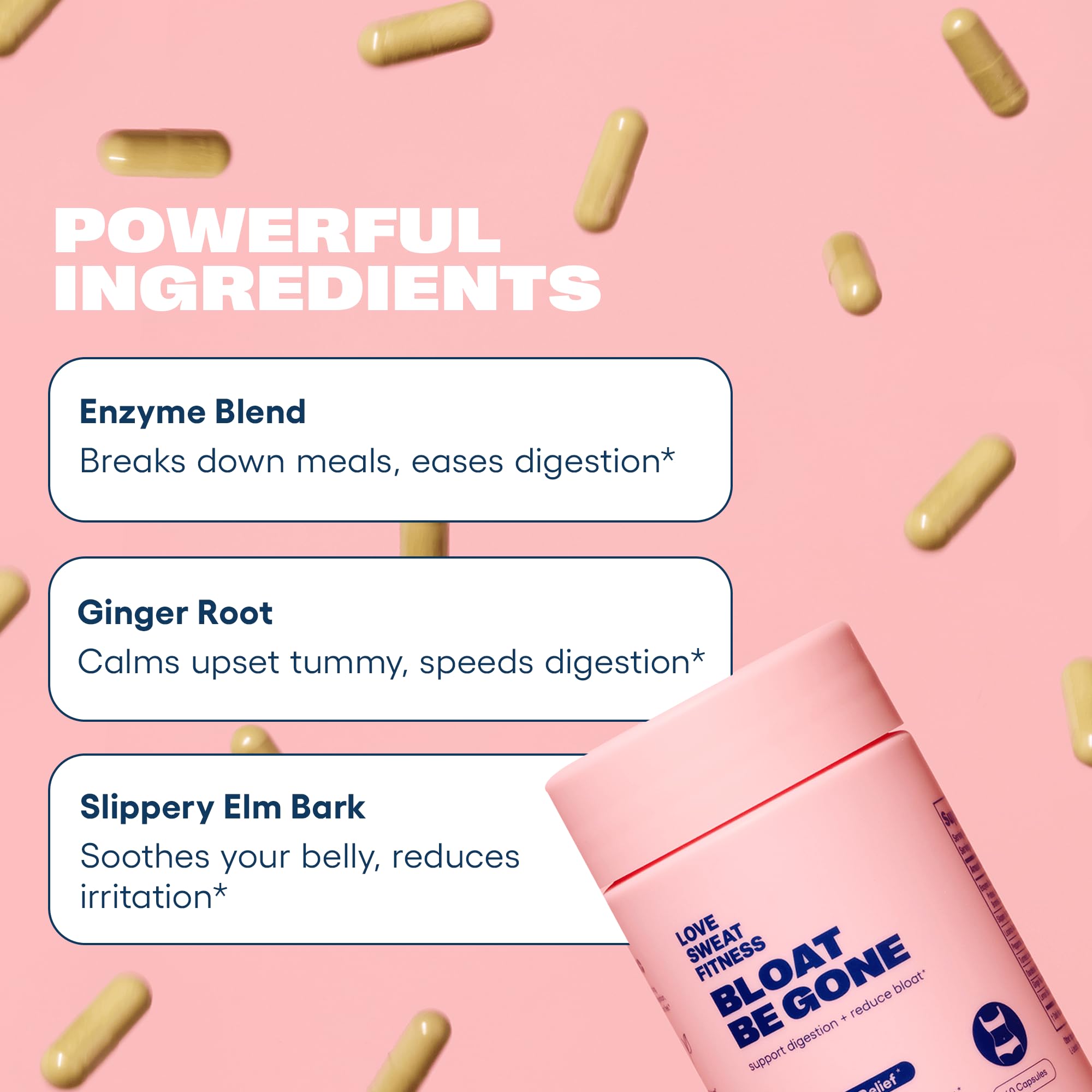 Love Sweat Fitness Bloat Be Gone label closeup emphasizing natural ingredients