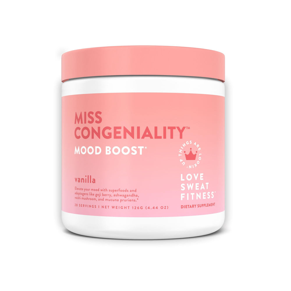 Love Sweat Fitness Mood Boost Powder vanilla bottle displaying a creamy, mood-balancing supplement for daily energy