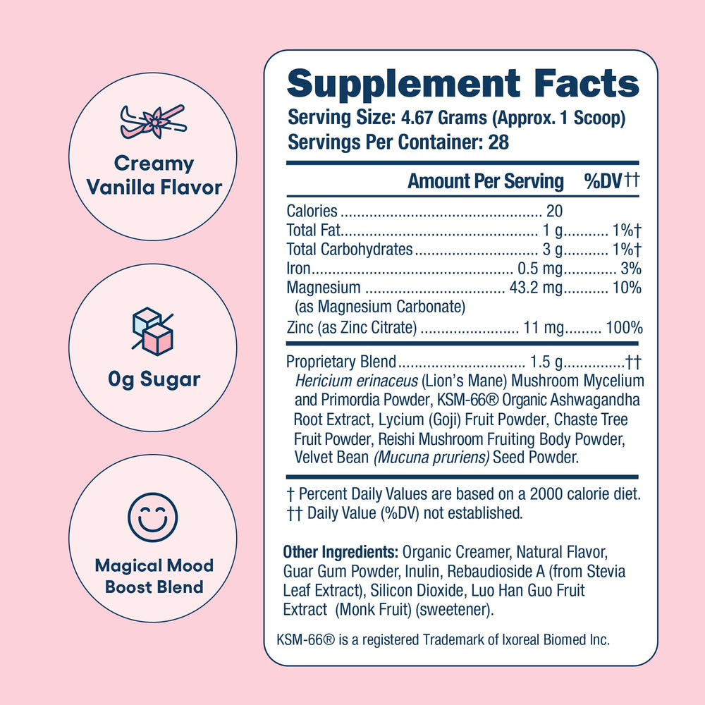 Love Sweat Fitness Mood Boost Powder vanilla coffee-mug scene suggesting easy mix into morning coffee