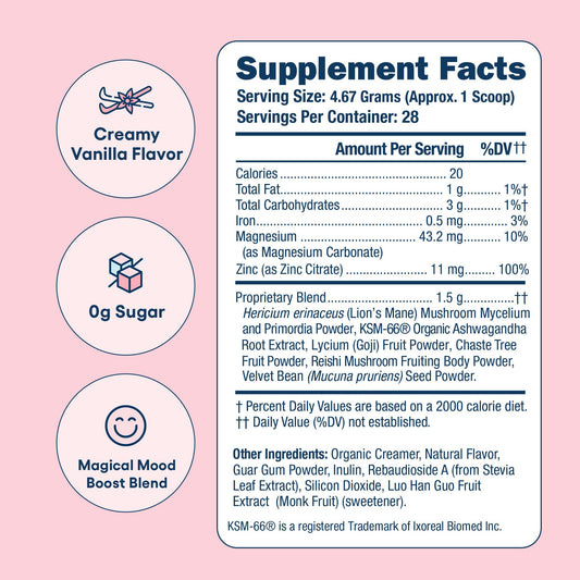 Love Sweat Fitness Mood Boost Powder vanilla coffee-mug scene suggesting easy mix into morning coffee