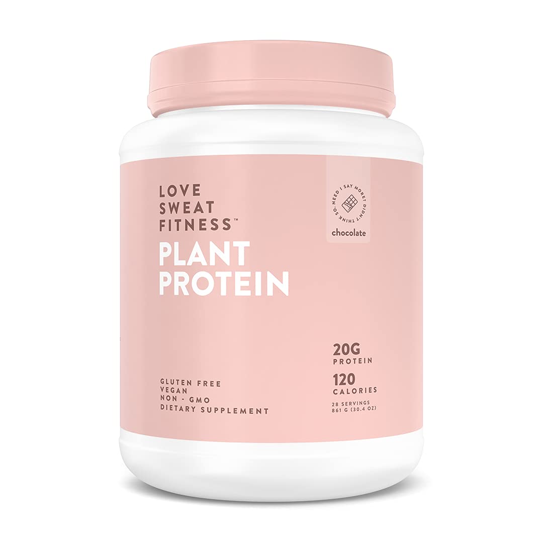 Love Sweat Fitness organic chocolate protein powder tub front with plant-based protein boost