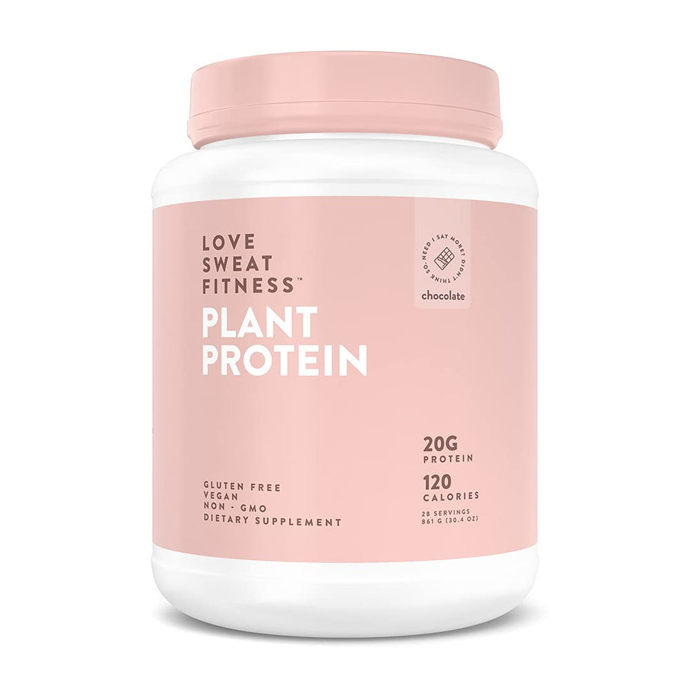 Love Sweat Fitness organic chocolate protein powder tub front with plant-based protein boost