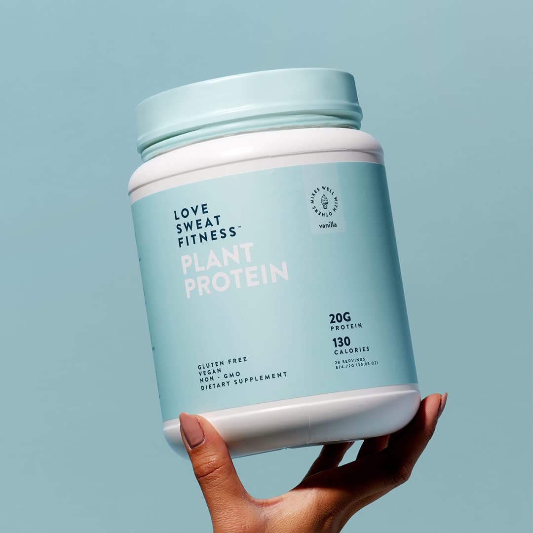 Love Sweat Fitness vanilla protein powder bag on counter suggests baking-friendly option.