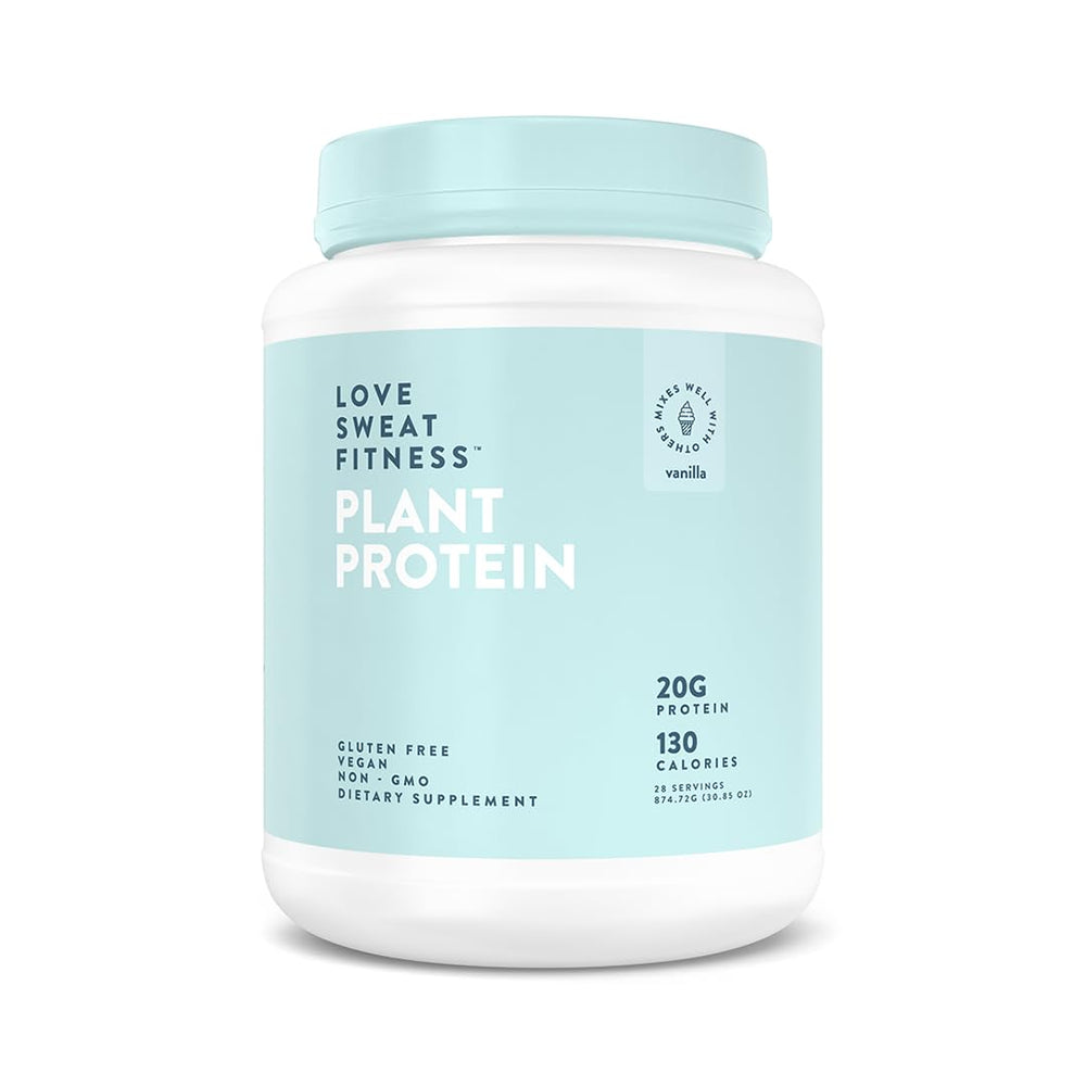 Love Sweat Fitness vanilla protein powder jar shows clean, sugar free nutrition for daily support.