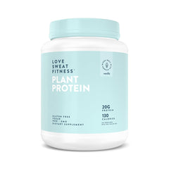Love Sweat Fitness vanilla protein powder jar shows clean, sugar free nutrition for daily support.