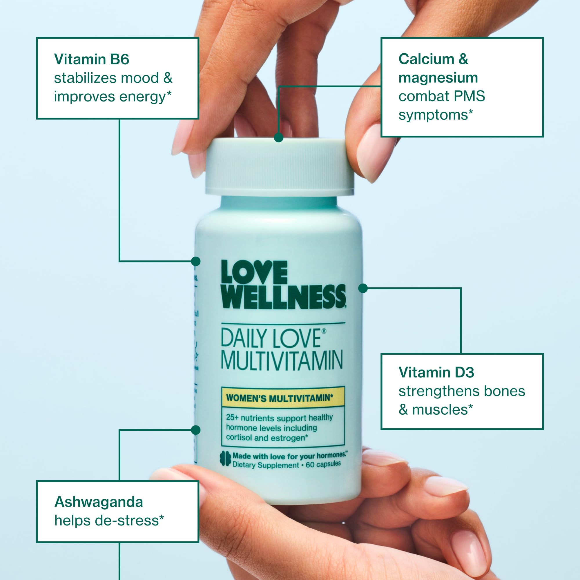 Love Wellness Big Brain Probiotics bottle with memory and mood support.