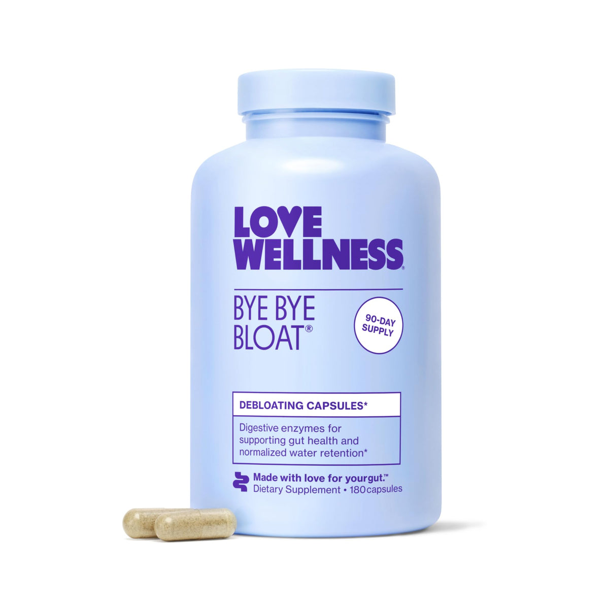 Love Wellness Bye Bye Bloat bottle on a kitchen counter for post-meal comfort