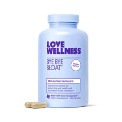 Love Wellness Bye Bye Bloat bottle on a kitchen counter for post-meal comfort