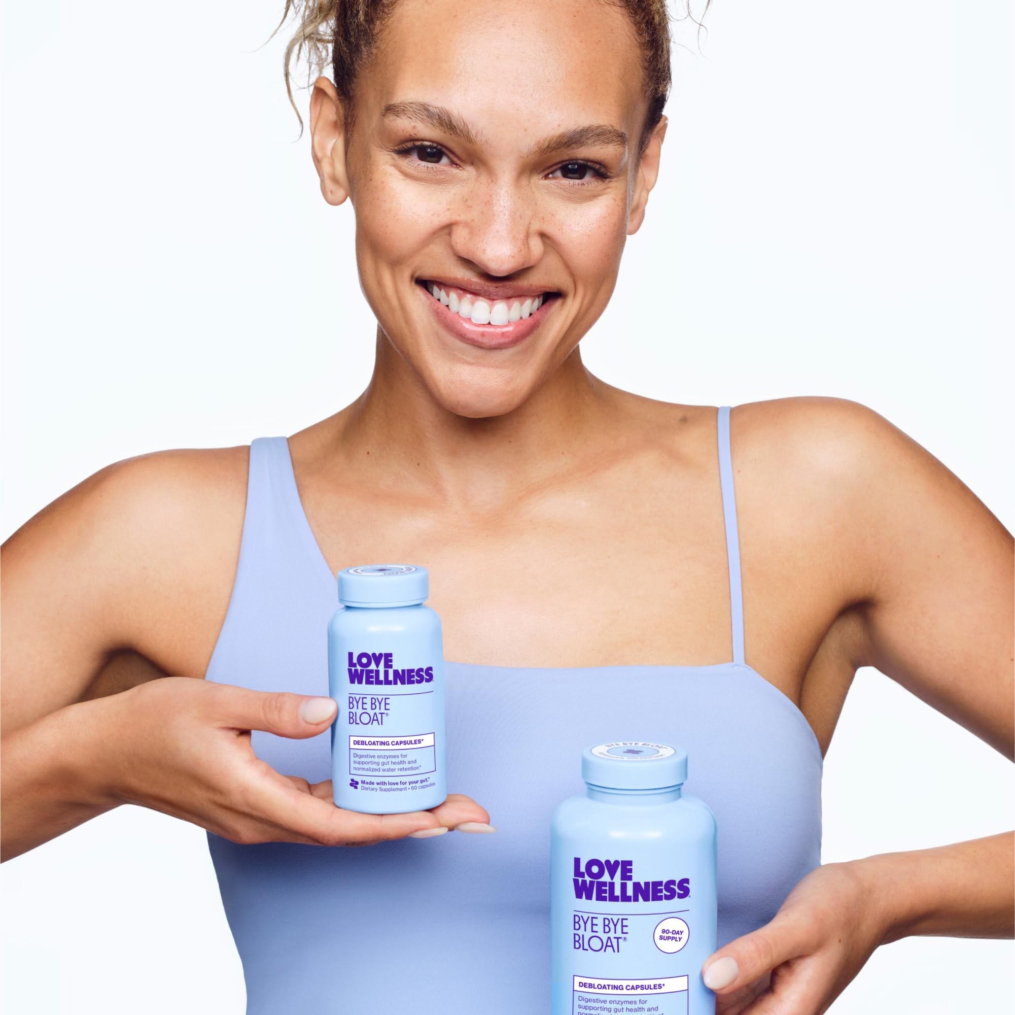 Love Wellness Bye Bye Bloat packaging indicates non-GMO, gluten-free, dairy-free