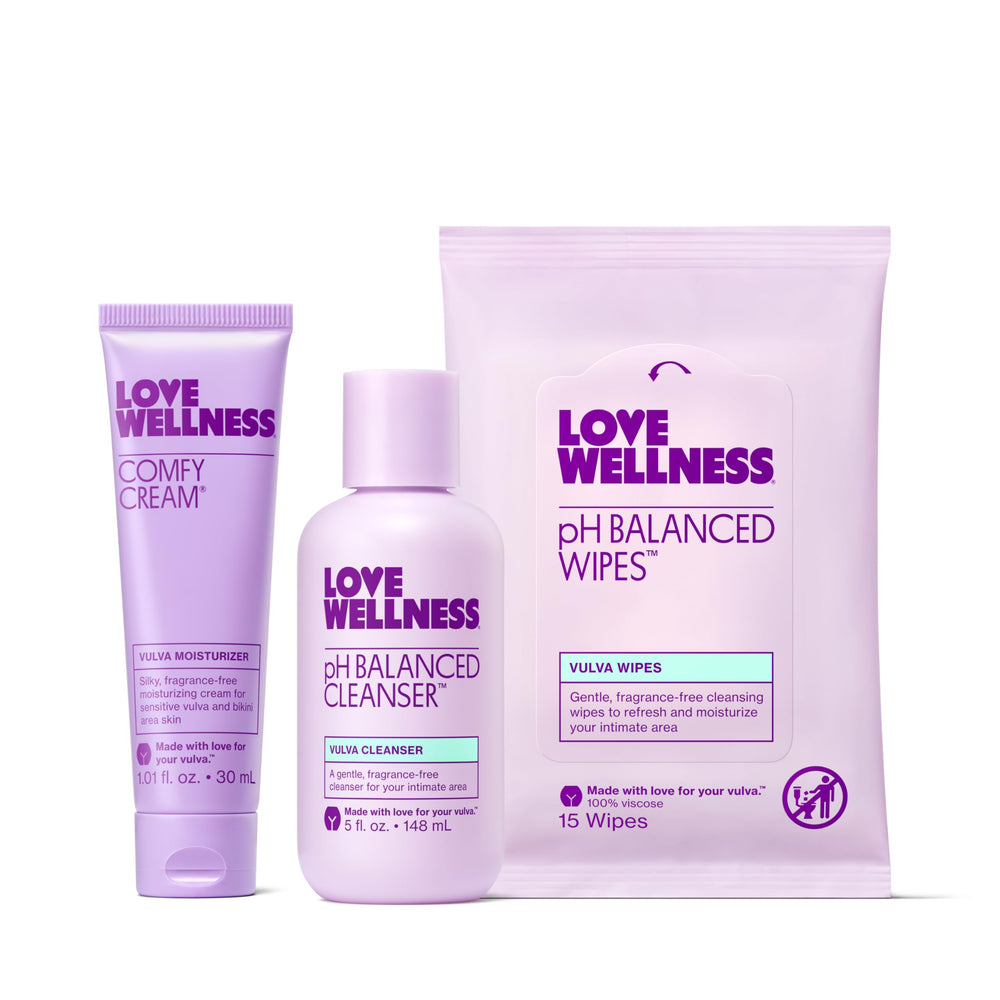 Love Wellness cleanser bottle showing gentle cleansing for sensitive vulva and pH balance.