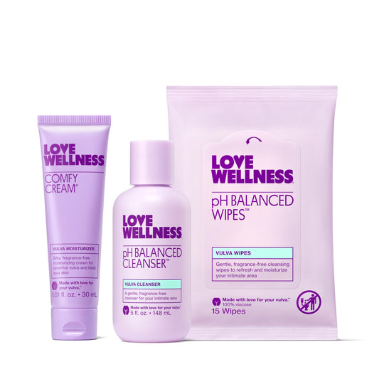Love Wellness cleanser bottle showing gentle cleansing for sensitive vulva and pH balance.