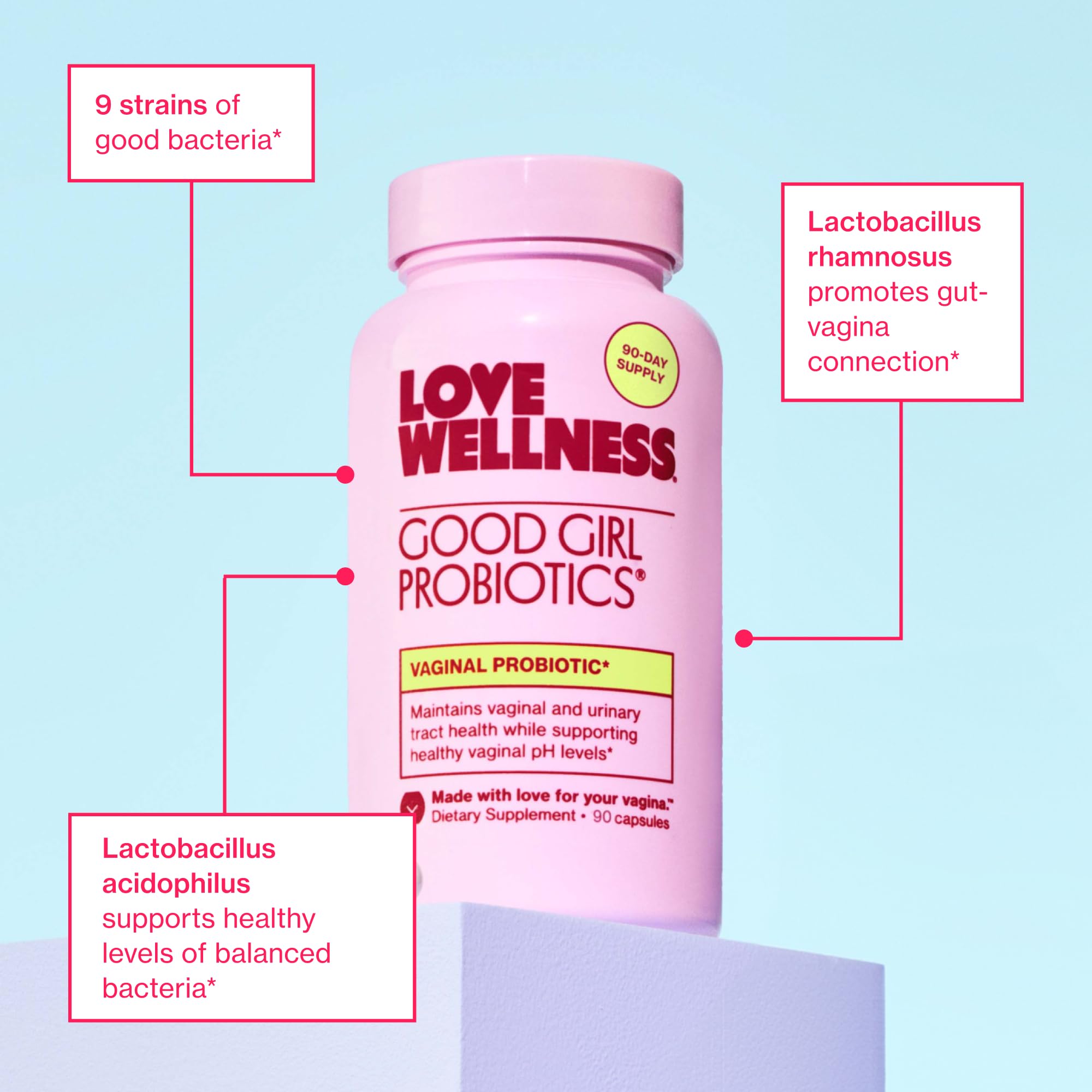 Love Wellness Good Girl Probiotics bottle displays 9-strain formula for vaginal support.