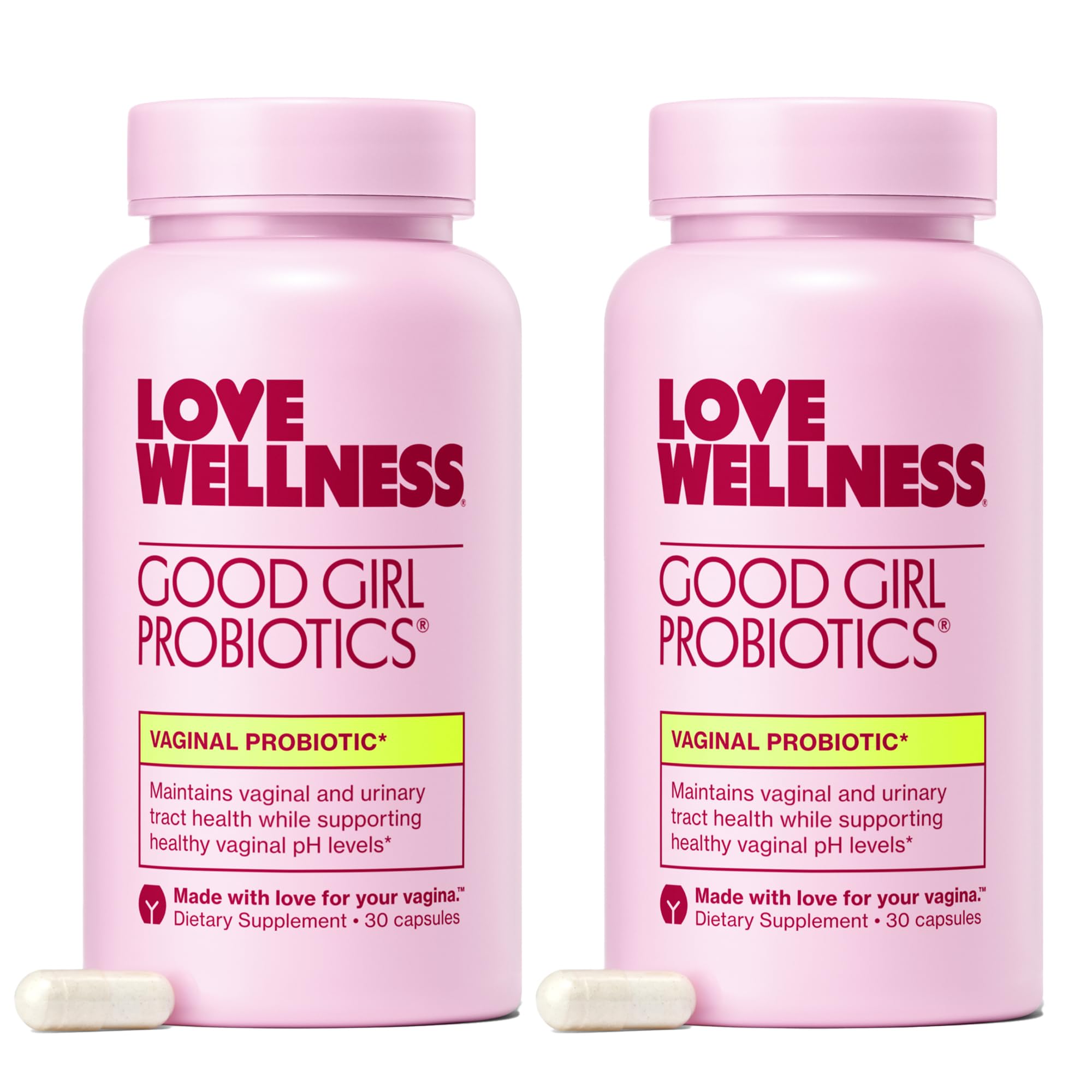 Love Wellness Good Girl Probiotics bottle showing 9 strains for vaginal balance and immune support.