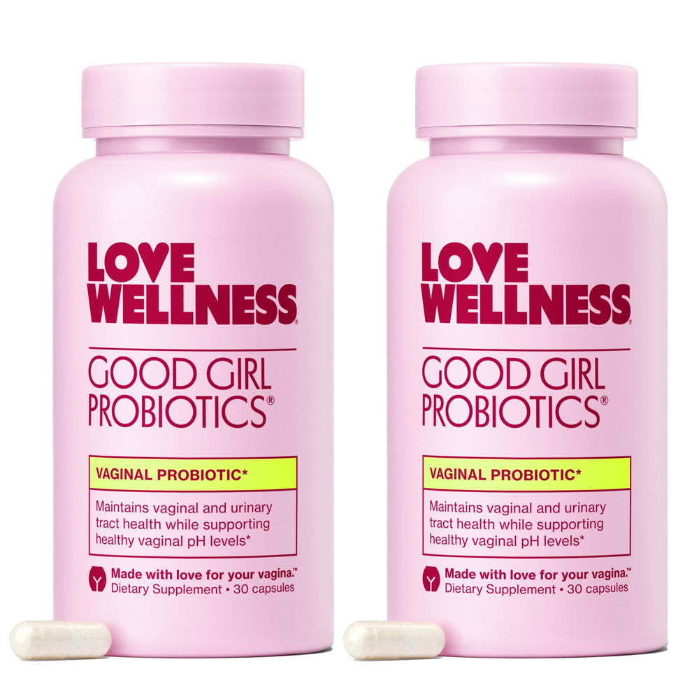 Love Wellness Good Girl Probiotics bottle showing 9 strains for vaginal balance and immune support.