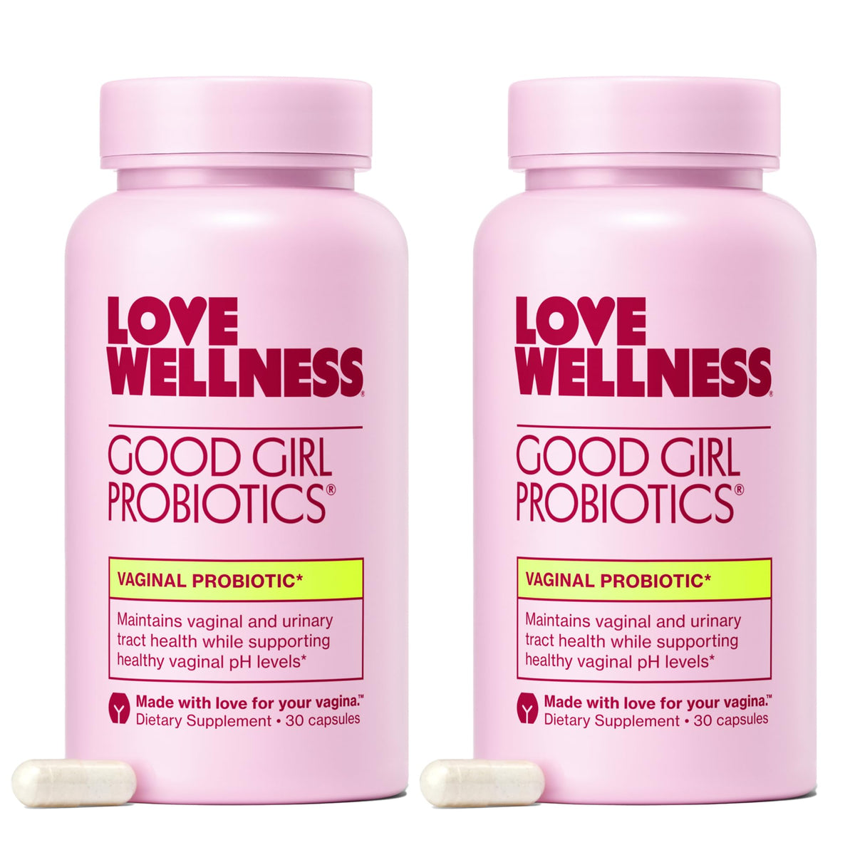 Love Wellness Good Girl Probiotics bottle showing 9 strains for vaginal balance and immune support.