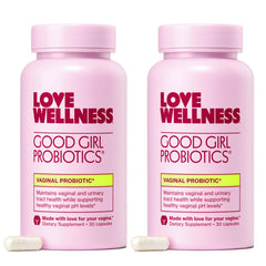 Love Wellness Good Girl Probiotics bottle showing 9 strains for vaginal balance and immune support.