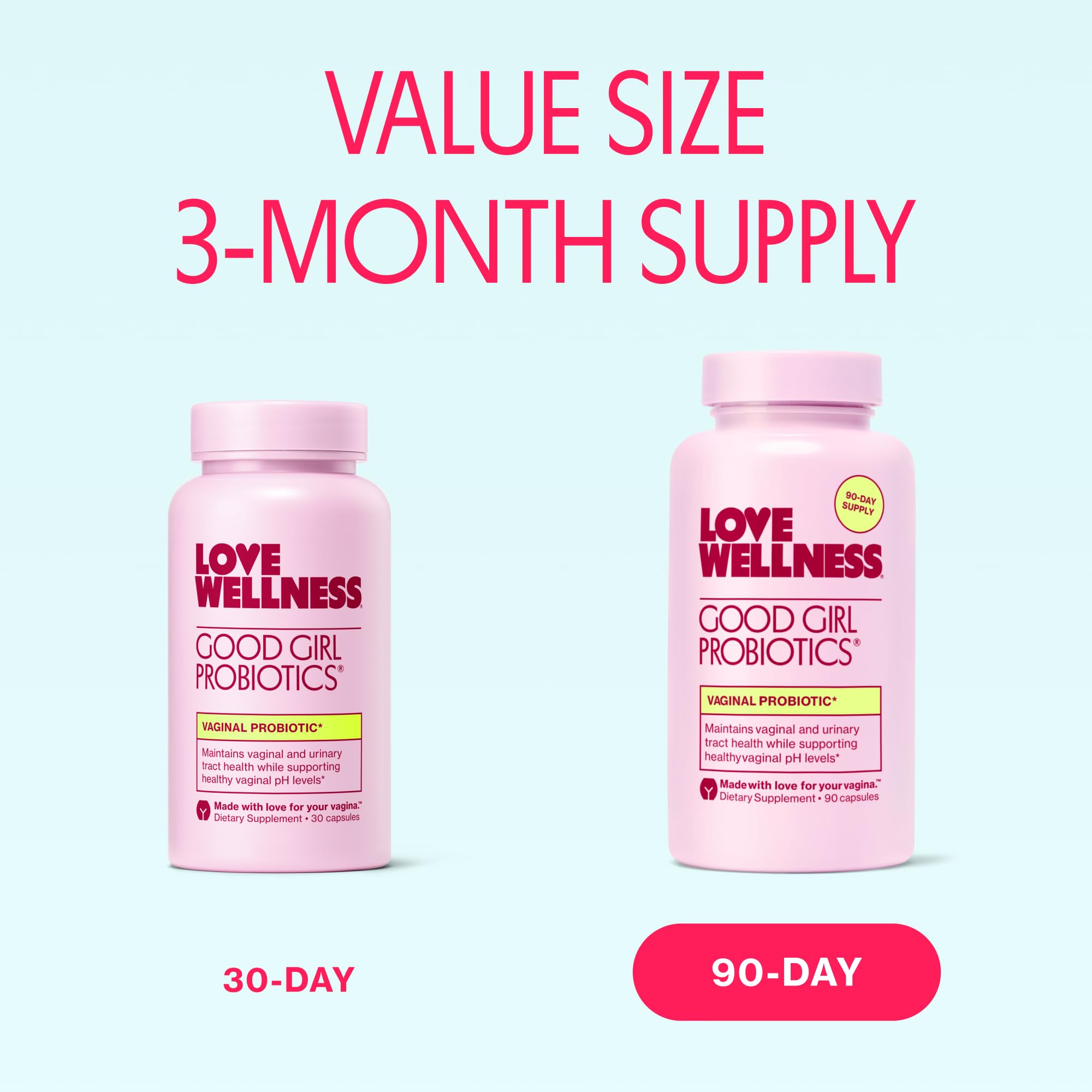 Love Wellness Good Girl Probiotics ingredients label shows 9 strains for microbiome balance.