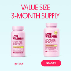 Love Wellness Good Girl Probiotics ingredients label shows 9 strains for microbiome balance.