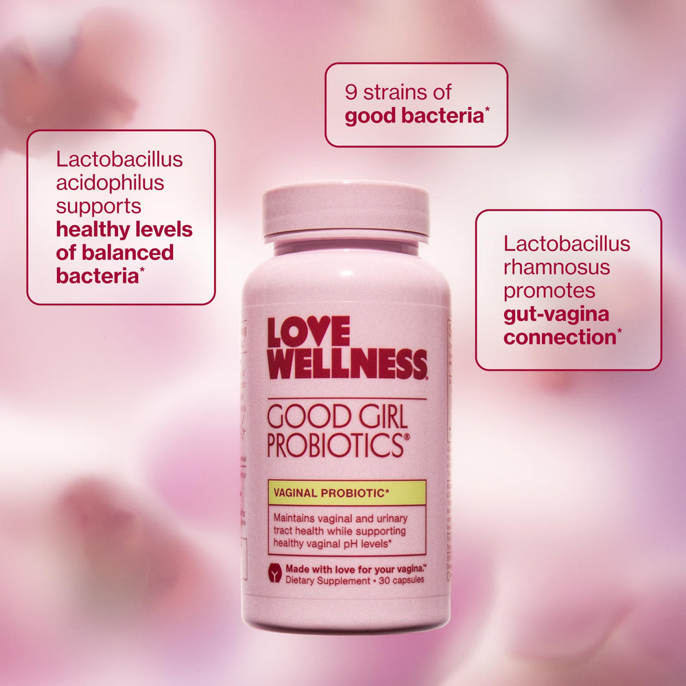 Good Girl Probiotics label highlighting gluten-free, dairy-free, sugar-free formulation.